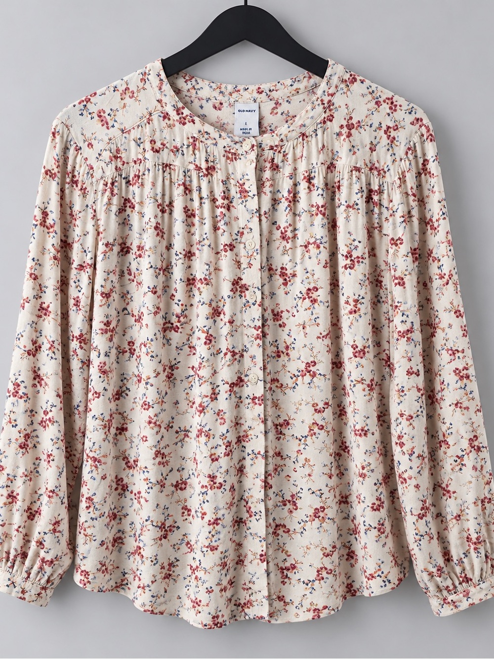 Old Navy Ditsy Floral Button Front Blouse Cream Red Blue Size L - Picture 2 of 6